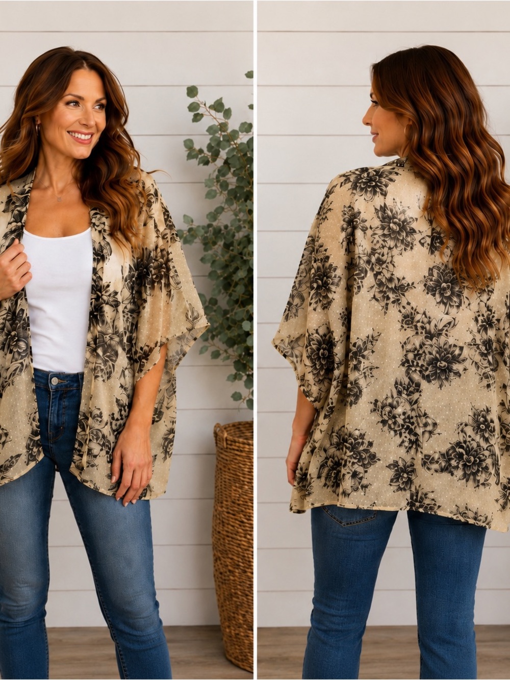 Beige Floral Kimono
Cardigan |
Lightweight Boho
Layering Piece One Size